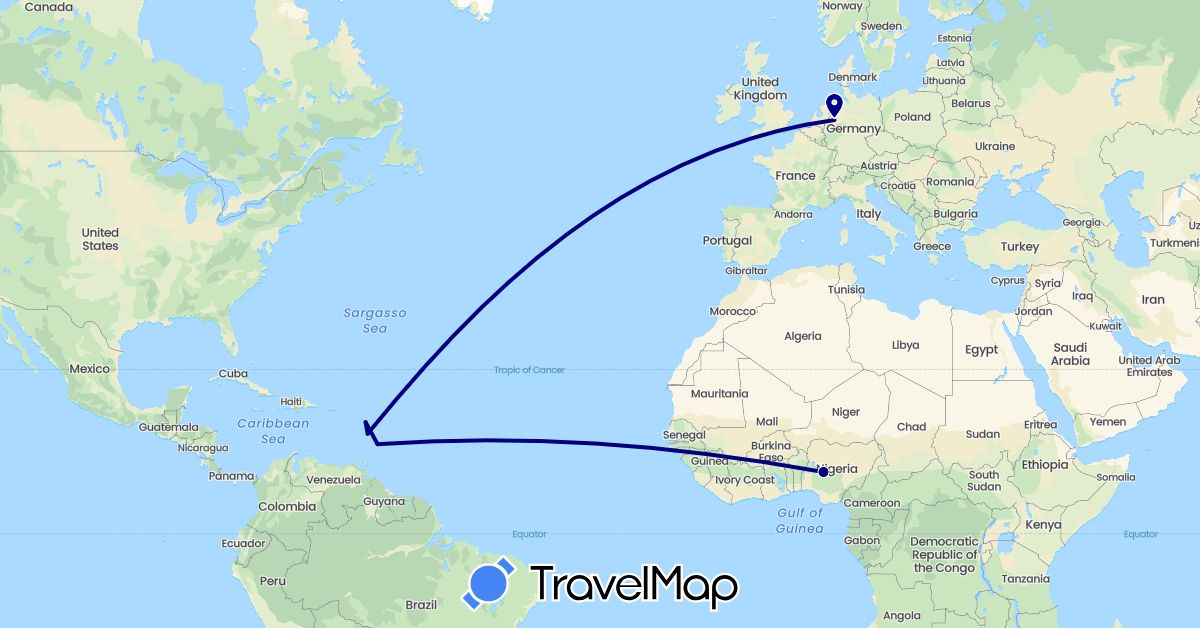 TravelMap itinerary: driving in Barbados, Germany, France, Nigeria (Africa, Europe, North America)